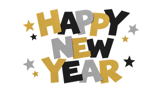 The words HAPPY above NEW above YEAR in cut paper capital letters in gold, black and silver with small cut paper stars, on a transparent background.