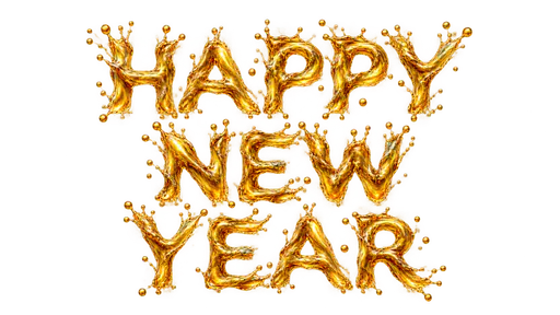 The words HAPPY above NEW above YEAR in capital letters made of liquid gold splash with crown-like splash tips and droplets, on a transparent background.