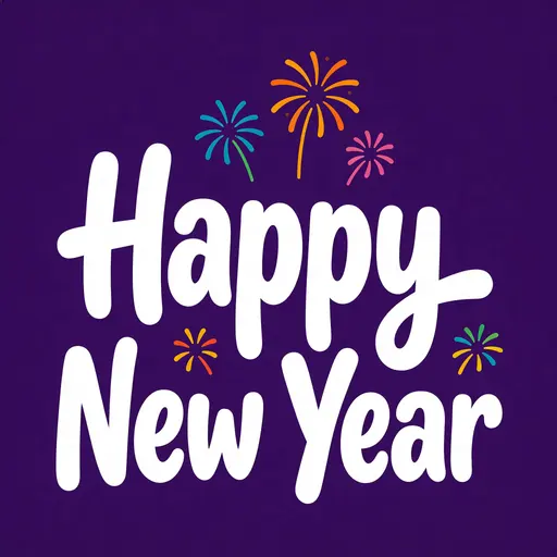 Bold white hand-lettered "Happy New Year" centered on a deep purple square canvas, rounded friendly lettering with colorful flat firework icons scattered as simple decorative accents.