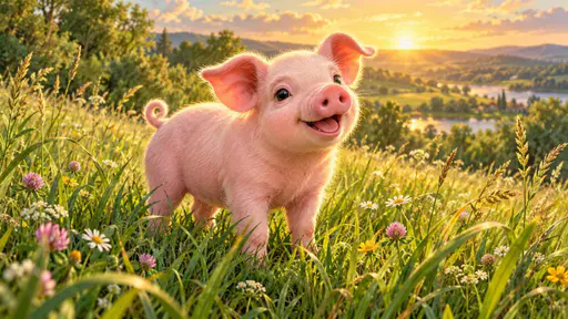 A cute pink piglet stands in tall green grass with a happy open mouthed face and soft sun behind it.