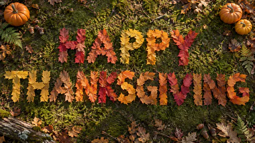 Seen from above, the words HAPPY above THANKSGIVING built from overlapping red, orange, gold and brown autumn leaves on a mossy forest floor, with acorns, ferns, a mossy log and small pumpkins around the edges.