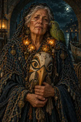 Frontal oil-painted portrait of a fictional elderly harbor-keeper woman in a teal night archway, wearing an indigo net-lace cloak with brass compass roses, holding a carved gull-spirit mask, with lantern blooms at her collar and a small green parrot on her shoulder.