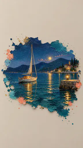An irregular slice of night-harbor watercolor centered on a flat gentle greige field: a sailboat with a warm glowing lamp on teal water, the scene dissolving into loose washes and spatters at its raw edges.