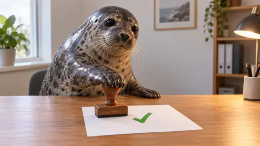 Seal of approval: a glossy harbor seal leans over a wooden desk and presses one foreflipper down onto the round handle of a large ink stamp resting on a blank sheet of paper, where a single clean green check mark has just been printed, under soft office light.