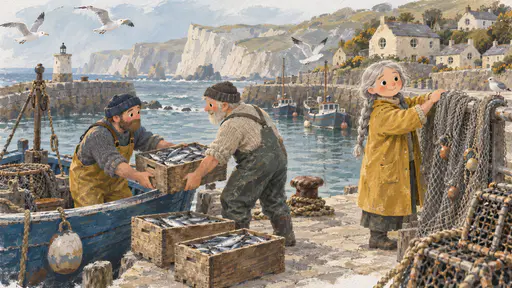 Two fishermen in woollen caps lift crates of silver fish from a small blue boat onto an island quay while an older woman with a grey plait in a yellow oilskin hangs a grey net over a rail, gulls above and pale cliffs behind the harbour wall.