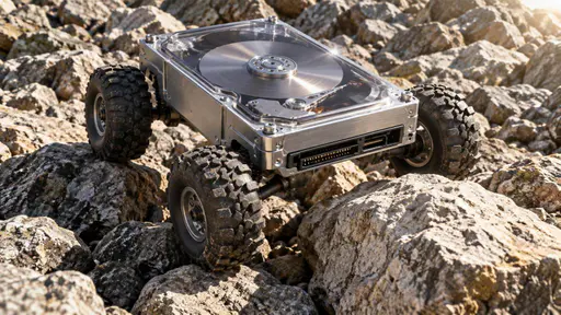 A silver computer hard drive forms the chassis of a miniature off-road truck with four rugged tires and an exposed platter beneath a clear roof, riding up over rough stones in hard outdoor light.