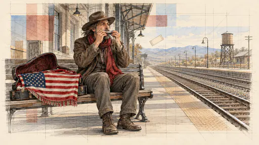Harmonica hands with tiny flag stripe nails beside a flag scarf lined case near tracks. Thirteen stripes and a neat canton play loud.