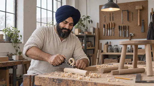 A broad sturdy bearded man in a plain navy turban and an oatmeal linen shirt planes a small wooden stool leg with a hand plane while a pale shaving curls from the blade beside a try square and the other stool pieces at a long worktable.