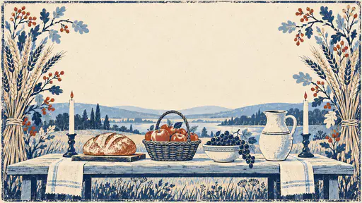 An outdoor harvest table holds a loaf of bread, a basket of apples, a bowl of grapes, a jug and two lit candles framed by wheat sheaves and autumn branches in a folk print.