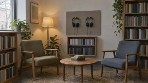 A library listening corner holds two plain chairs, a low table, closed headphones on hooks on a plain panel and a small shelf of blank cases in soft lamp light.