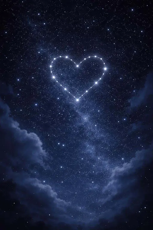 Vertical 2:3 card view looking straight up into a deep indigo night sky filled with dense stars and a silver heart-shaped constellation in the upper third, intimate and cosmic.