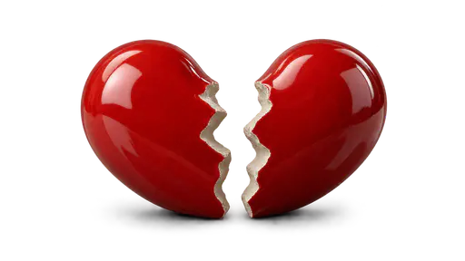 A broken heart: two red ceramic heart halves with matching jagged fracture edges facing each other across a narrow gap, isolated on transparency with a soft contact shadow.