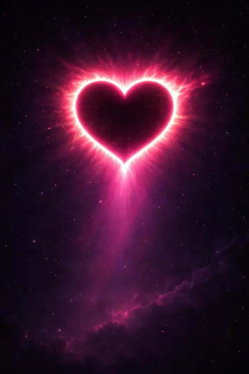 Vertical 2:3 surreal digital art of a heart-shaped celestial eclipse in the upper third, a glowing pink corona bleeding light into near-black indigo negative space.
