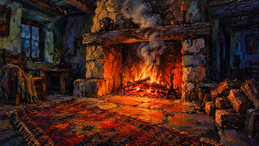 A stone cottage hearth with a low log fire sends heavy twisting smoke up the flue in forceful expressionist brushwork of orange and violet.