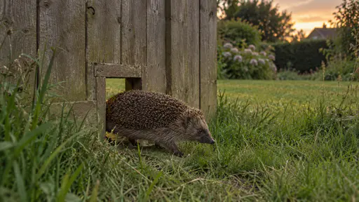 At dusk in warm low light a hedgehog trundles through a small purpose-made square gap at the base of a weathered wooden garden fence with its snout through and its spiny back catching the golden light and long grass on both sides of the fence line.