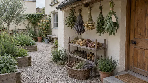 Bunches of herbs tied with twine hang upside down to dry under a low eave beside a wooden kitchen door with a rack of dried flower heads and a basket of cut stems on the gravel beneath in soft morning light.