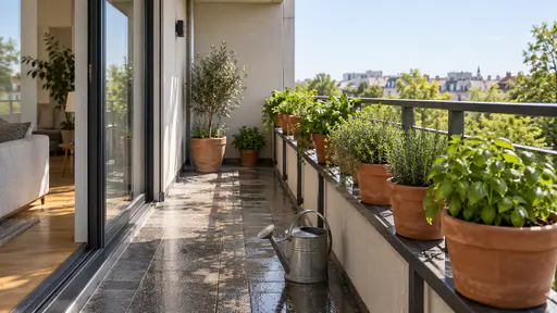 A narrow balcony railing is lined with plain terracotta herb pots, a metal watering can resting on the wet tiles below.