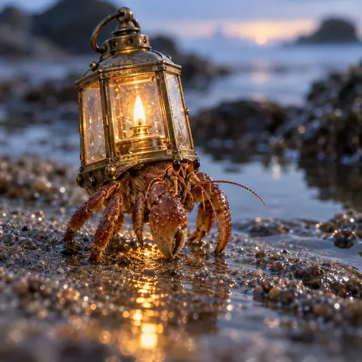 A small hermit crab carrying a brass-framed glass lantern with a lit flame, warm light on the wet sand and in the tide pool, cool blue dawn behind.