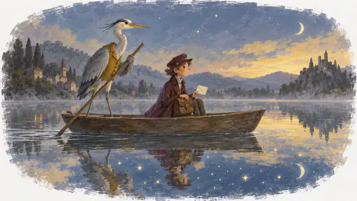 A tall grey heron in a mustard waistcoat poles a flat wooden boat across a still lake that mirrors a different starry sky while a lanky courier in a plum coat sits in the boat holding a satchel on his knees and a sealed envelope in one hand.
