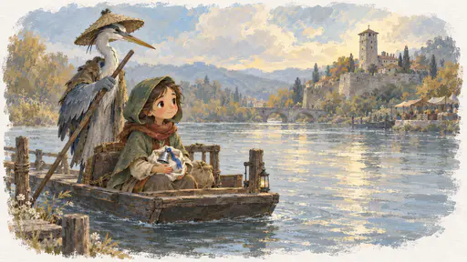 A young traveller in a green hooded cloak and red scarf rides a small flat river ferry poled by an old heron in a woven hat across a wide calm river with a small silver bell wrapped in cloth in her lap and a stone tower on the far bank in soft afternoon light.