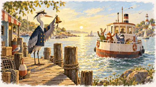 A tall grey heron in a navy coat with brass buttons and a peaked cap rings a brass hand bell with one wing raised at the end of a wooden jetty as a small round-bellied ferry slips away with a few animal passengers waving from its rail in golden afternoon light.