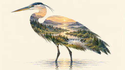 The silhouette of a standing heron is filled with a layered painting of a forested river valley where a river winds from a reedy wetland through meadows and a small weir to a misty estuary.