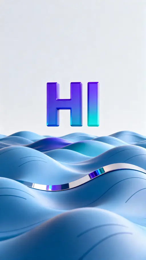 A bold typographic 'HI' hovers above abstract 3D waves in a tall 9:16 frame, with cool blue and violet tones, soft glow separation, and clean surfaces for a modern vertical poster composition.