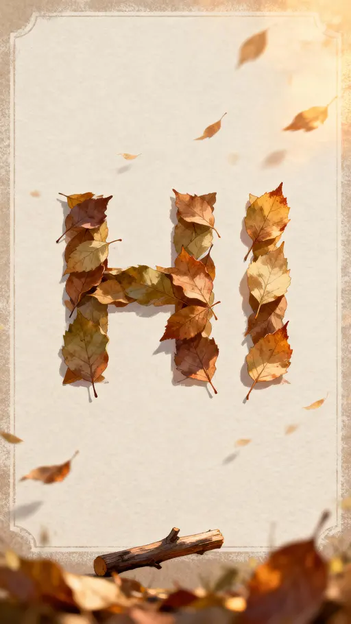 A vertical 9:16 visual of the phrase "HI made of falling leaves" shaped from warm autumn foliage against a soft, neutral backdrop, designed for clear legibility and seasonal impact in portrait layouts.