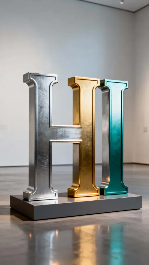 A vertical 9:16 study of freestanding 3D metallic letters "HI" centered on a low midline with brushed metal faces, warm gold accents, matte plinth, subtle ambient haze, and a calm gallery presentation.
