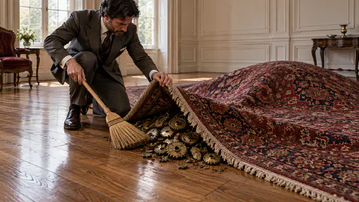 Sweeping it under the rug: a kneeling adult sweeps cracked brass gears under the lifted corner of a patterned rug while a large bulge swells beneath its middle in a spotless drawing room.