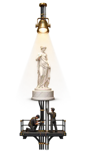 Hidden maintenance holds up the spotlight — a small white marble figure on a plinth is brightly lit by a brass lamp above, while on a dark service platform beneath, two tiny maintenance workers tend a thick cable and a cooling duct whose clean lines rise to feed that same lamp. Visible success relies on less visible supporting work.