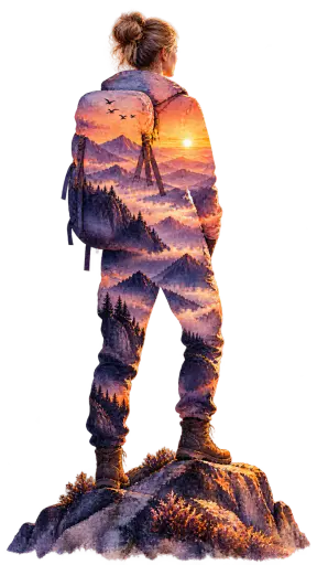 The silhouette of an adult hiker with a backpack seen from behind on a summit is filled with a glowing sunrise over layered mountain ridges and clouds with birds near the shoulder, isolated on a transparent background.