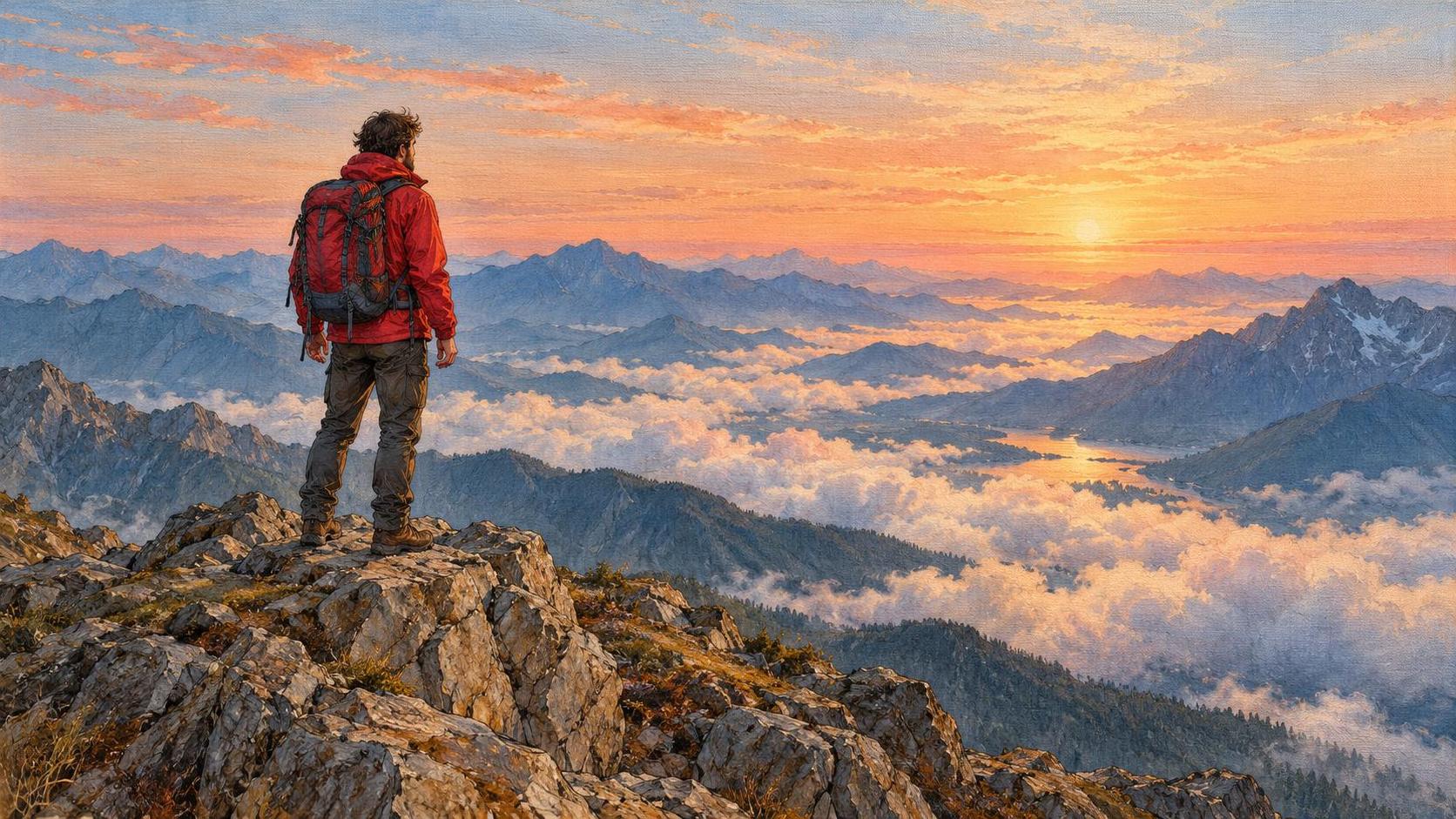 An adult hiker in a bright jacket and backpack stands on a rocky mountain summit looking out over layered ridges and a valley of cloud at sunrise.