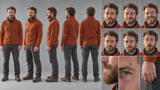A 16:9 studio character sheet of a hiker with an auburn beard in a rust-orange fleece, grey hiking trousers and brown boots, shown in five full-body views, six expressions and three close details.
