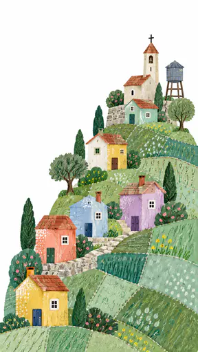 A small hillside town of low houses stacked in steps up a gentle slope shows each house in a different colour swatch with a church tower and a water tower on white.