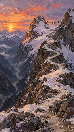 A switchback trail climbs through rock and snow to a high Himalayan saddle between two peaks with a line of colored flags and a deep valley below in layered wax paint.