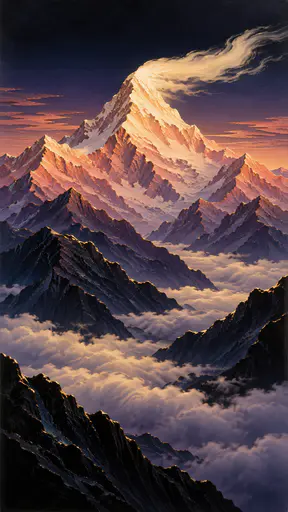 A single great Himalayan peak with a sharp pyramid summit and a long snow plume rises above stepped ridges and a cloud filled valley in nested cut lacquer layers.