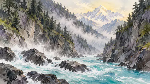 A milky turquoise Himalayan river races over boulders through a deep pine-clad gorge with rising mist and a pale snow peak at the far end in washes.