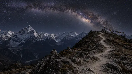 A narrow Himalayan trail winds up a rocky ridge past cairns and flags toward a skyline of snow peaks under the arching Milky Way.
