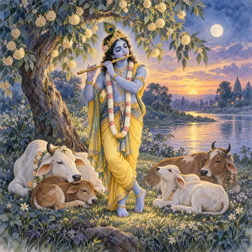 The Hindu god Krishna, a blue-skinned figure in a yellow dhoti with a peacock feather crown, plays a flute beneath a flowering tree by the Yamuna river with resting cows at dusk.