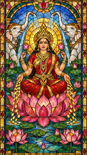 The Hindu goddess Lakshmi sits on a large pink lotus in a pond with four arms, a stream of gold coins and two white elephants pouring water over her in soldered stained glass.
