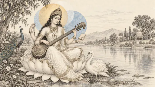 The Hindu goddess Saraswati sits on a white lotus beside a calm river playing a veena with a white swan at her side and a peacock behind in fine engraved lines and translucent discs.