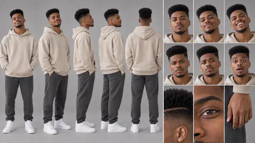 A 16:9 studio character sheet of a young man with a high-top fade in a sand oversized hoodie, grey joggers and white high-top sneakers, shown in five full-body views, six expressions and three close details.