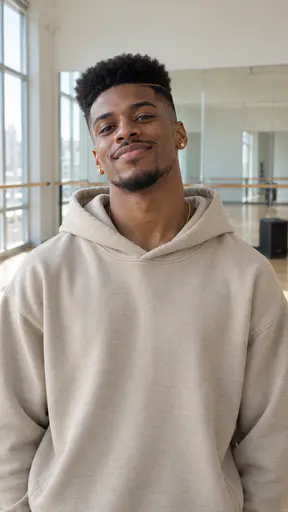A lean athletic man in his mid-twenties with a high-top fade, a short trimmed beard, a thin gold chain and small gold studs, in a plain oversized sand hoodie in a bright dance studio with a mirrored wall and a wooden barre.