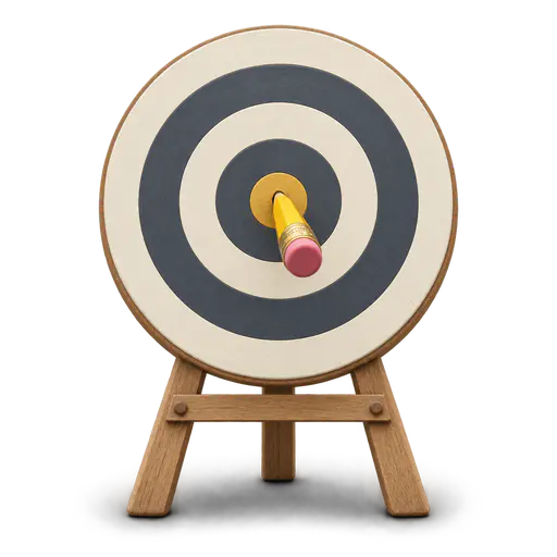 A single yellow pencil sticks tip-first in the exact shared center of a circular archery target’s concentric rings — hitting the bull’s-eye, achieving a precise target.