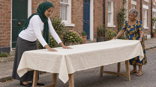 A young woman in an emerald-green hijab smooths a long cream tablecloth flat over a wooden trestle table while an older woman in a blue and yellow wax-print dress holds out the far corner on a quiet terraced street in soft golden light.