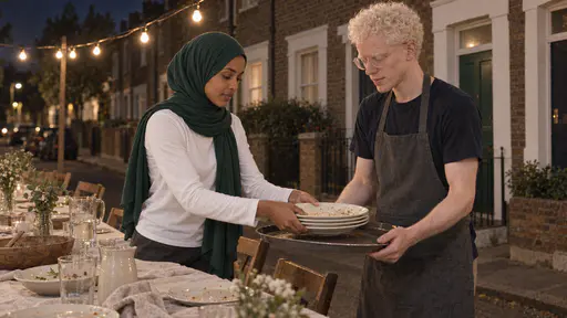 A young woman in an emerald-green hijab stacks plain plates onto a tray held out by a slim pale man with white-blond curls and round glasses beside a long street table after dark in the glow of a string of plain bulbs.