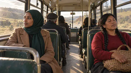 A woman in an emerald-green hijab looks out of a bus window at passing hills while a woman with two long braids in a red sweater dozes across the aisle with a basket on her knee on the green seats of a rural bus in low golden light.