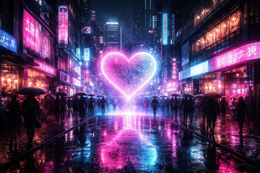 A cinematic cyberpunk 3:2 cityscape of a rain-slicked night street lit by vibrant pink and blue neon, centered on a large flickering holographic heart above crowded puddles.