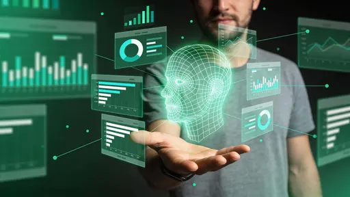 A glowing digital human head of thin grid lines hovers above a man's open palm, surrounded by semi-transparent data dashboards and metrics, set against a dark blurred background.